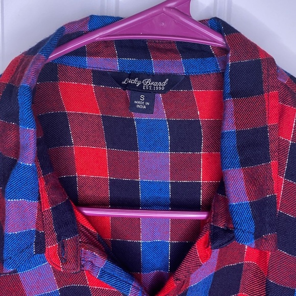 Lucky Brand Plaid Blue and Red sparkle button up with open layered back - Picture 4 of 8
